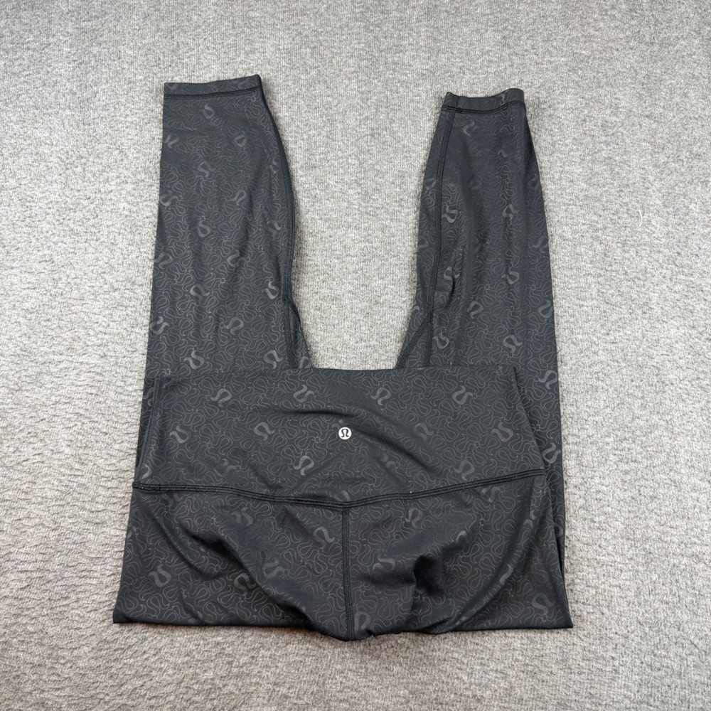 Lululemon Leggings Women's 12 Black Tonal Logo Swirl Print High Rise 25 Inseam